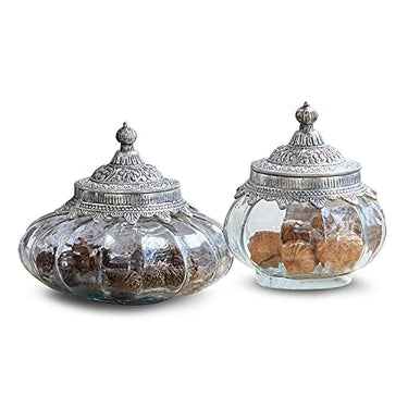 Loberon Can Set Osayi - Decorative Glass Container with Decorated Lid - Made of Mouth-Blown Glass & Aluminum - 2 Jars - ø 13cm & 18cm on Sale